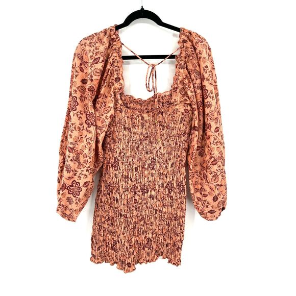 FREE PEOPLE Pink Floral Smocked Balloon Sleeve Square Neck Mini Dress Size Small - Picture 5 of 11